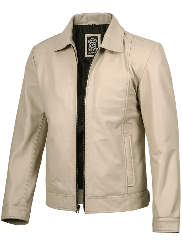 Men's Beige Real Leather Harrington Jacket