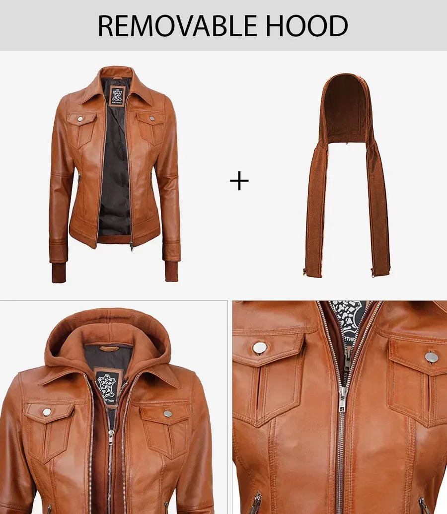 Tralee Womens Tan Wax Bomber Leather Jacket With Removable Hood