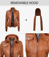 Tralee Womens Tan Wax Bomber Leather Jacket With Removable Hood