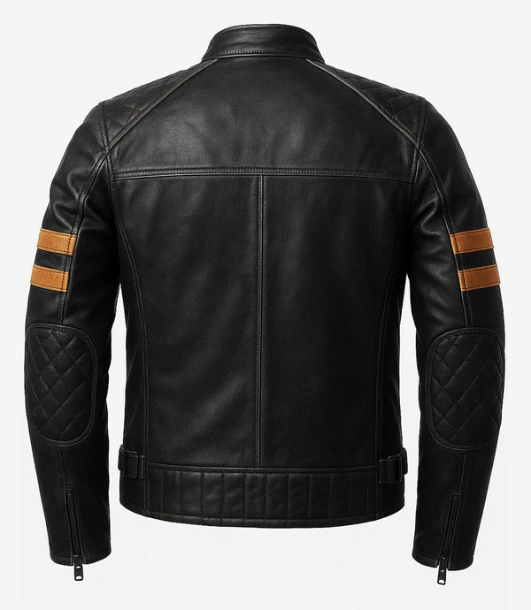 Mens Black Biker Style Leather Jacket with Tan Accent Stripes