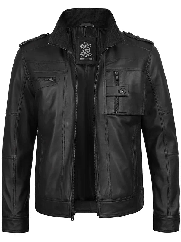 Tavares Men's Matte Black Biker Style Leather Jacket