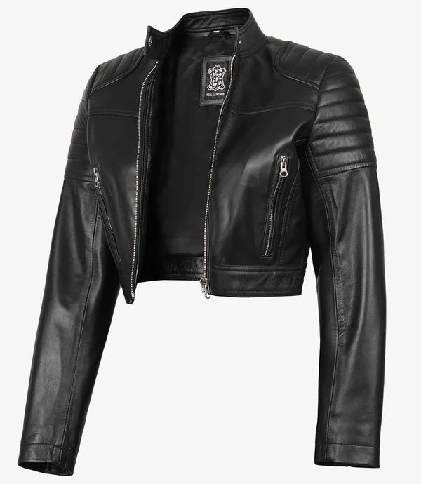Women's Black Cropped Leather Biker Style Jacket
