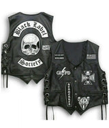 Men's Premium Black Leather Biker Vest with Decorative Patch Style