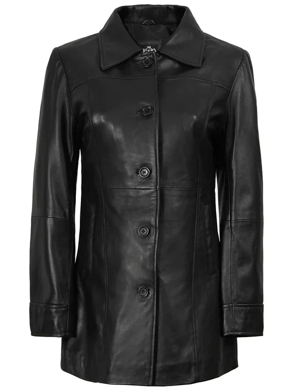 Kandis Womens Black 3/4 Length Leather Car Coat