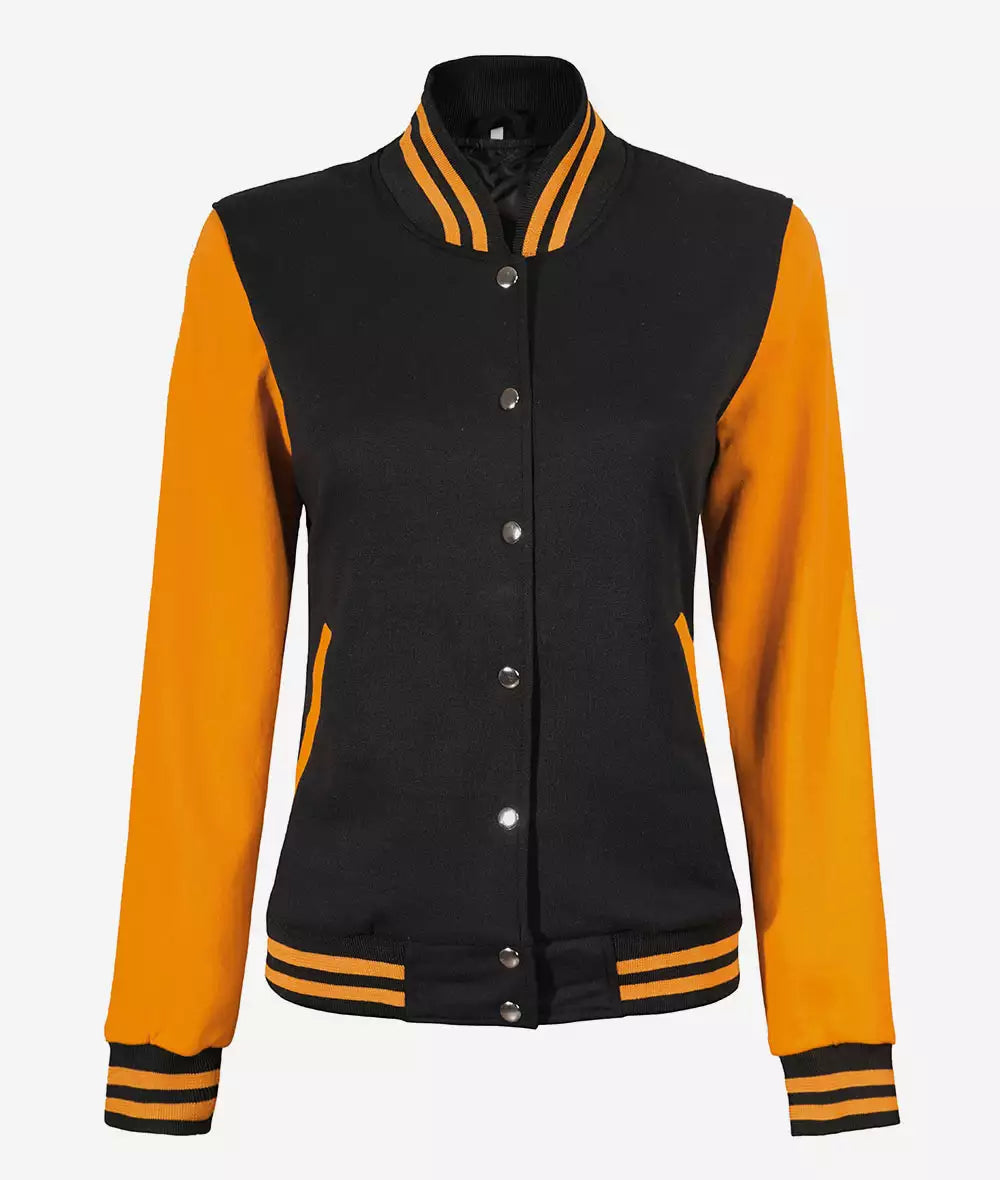 Women’s Black and Yellow Letterman Jacket – Baseball Style Varsity Bomber