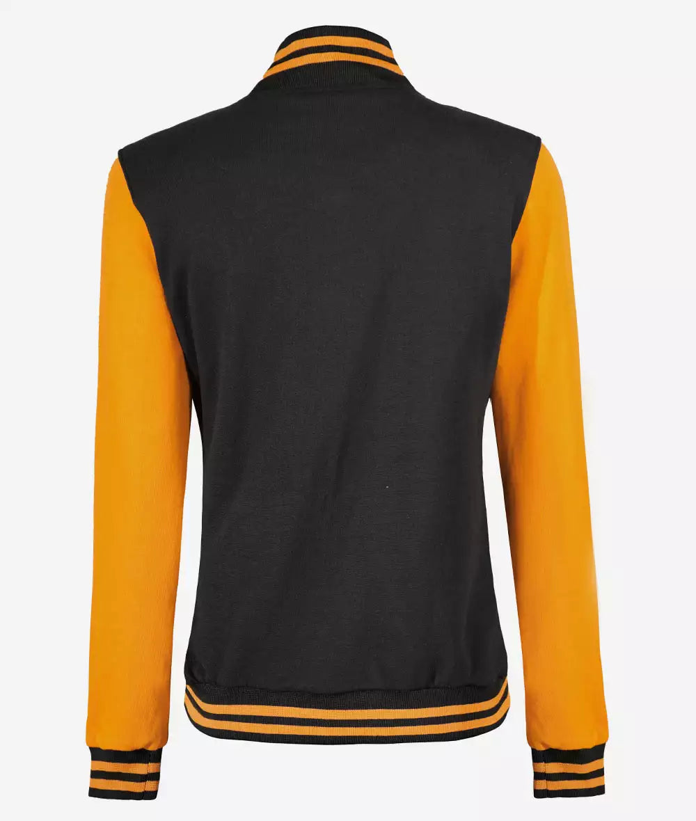 Women’s Black and Yellow Letterman Jacket – Baseball Style Varsity Bomber