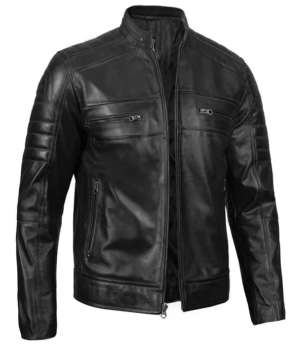 Austin Mens Black Cafe Racer Real Leather Jacket