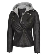 Womens Black Leather Biker Style Jacket With Removable Hood