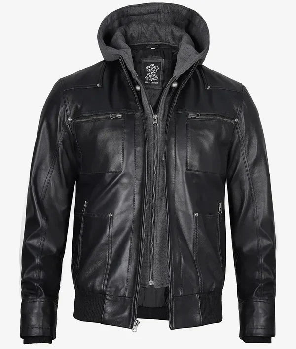 Mens Black Bomber Leather Jacket with Removable Hood