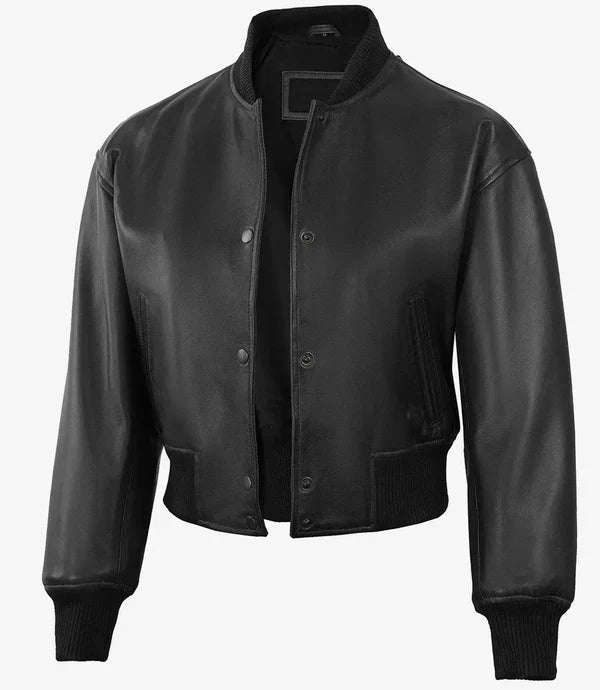 Julee Womens Black Snap Button Cropped Leather Bomber Jacket