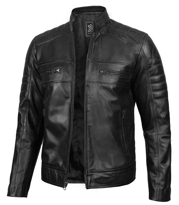 Austin Mens Black Cafe Racer Real Leather Jacket