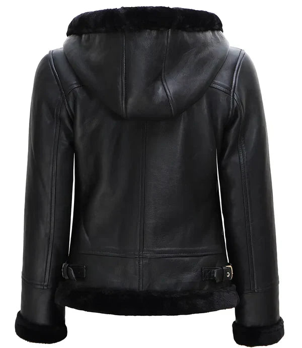 Womens Black Leather Hooded Shearling Jacket