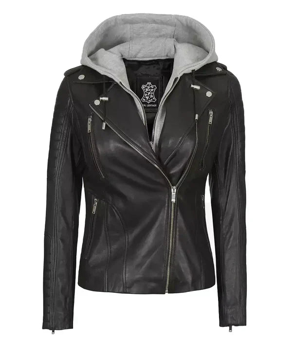 Womens Black Leather Biker Style Jacket With Removable Hood