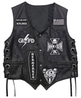 Men's Premium Black Leather Biker Vest with Decorative Patch Style