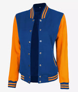 Women’s Yellow and Royal Blue Varsity Jacket – Baseball Style Bomber