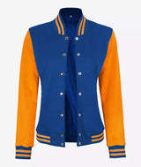 Women’s Yellow and Royal Blue Varsity Jacket – Baseball Style Bomber