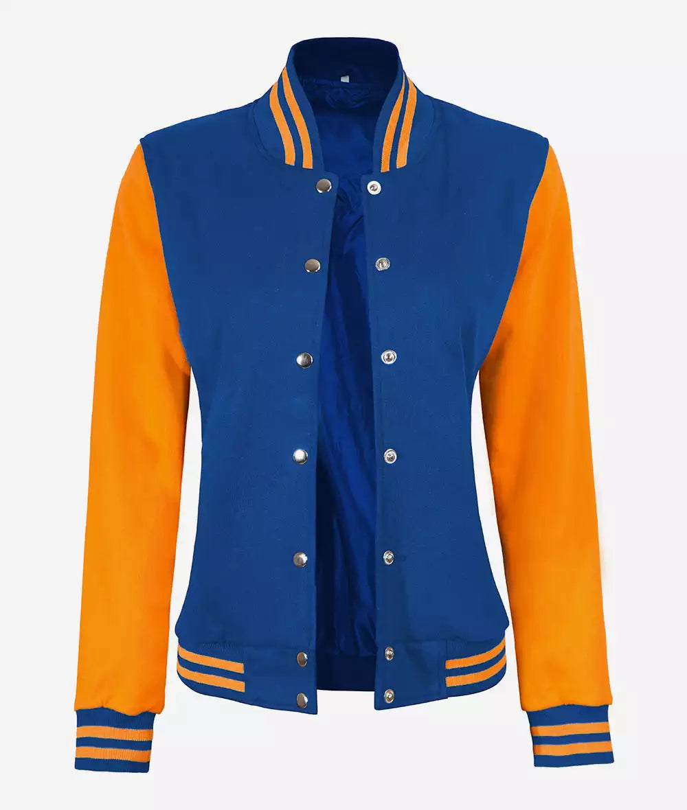 Women’s Yellow and Royal Blue Varsity Jacket – Baseball Style Bomber