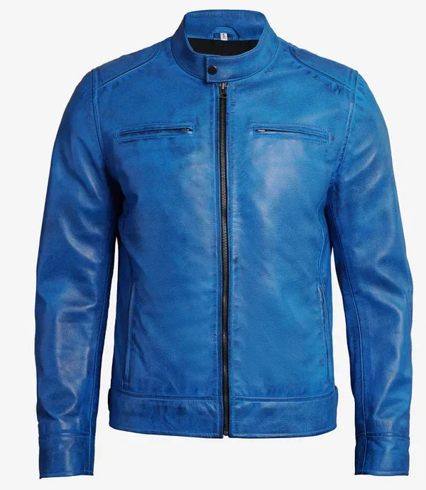 Dodge Men's Cafe Racer Blue Leather Jacket