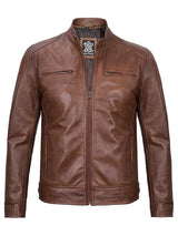 Dodge Men's Cognac Cafe Racer Leather Jacket