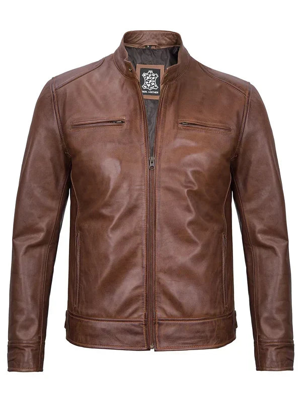 Dodge Men's Cognac Cafe Racer Leather Jacket