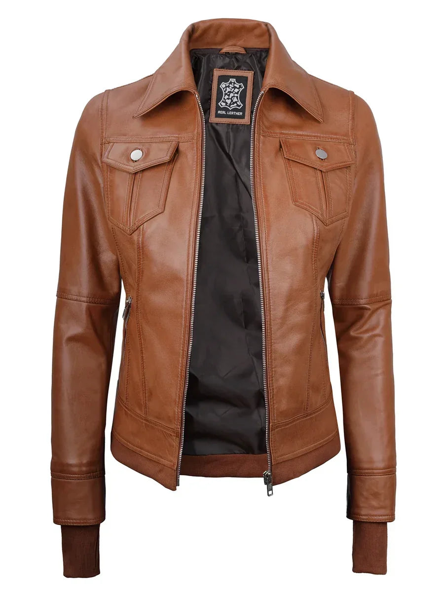 Tralee Womens Tan Wax Bomber Leather Jacket With Removable Hood