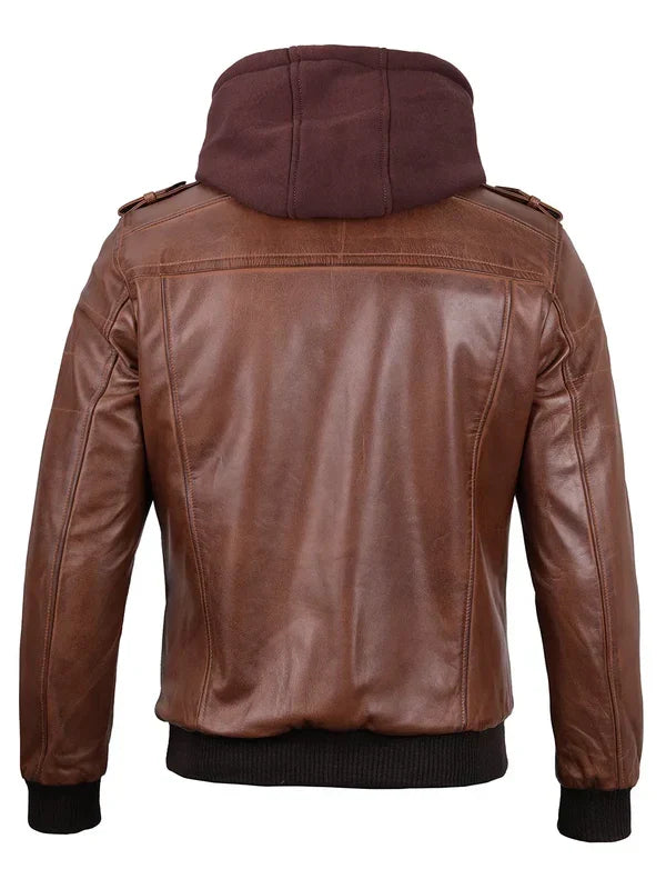 Edinburgh Mens Brown Bomber Leather Jacket With Removable Hood