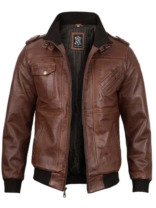 Edinburgh Mens Brown Bomber Leather Jacket With Removable Hood