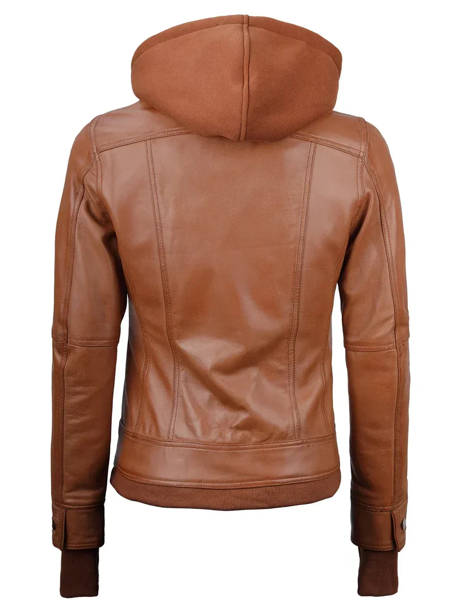 Tralee Womens Tan Wax Bomber Leather Jacket With Removable Hood