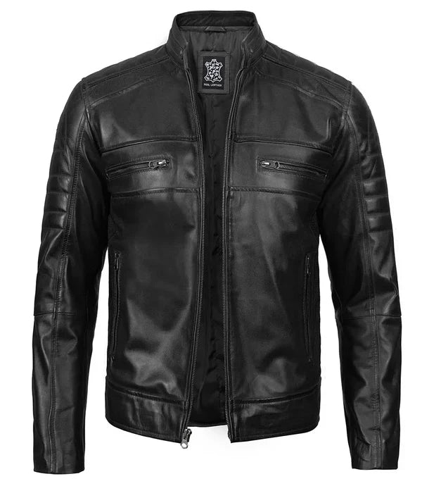 Austin Mens Black Cafe Racer Real Leather Jacket