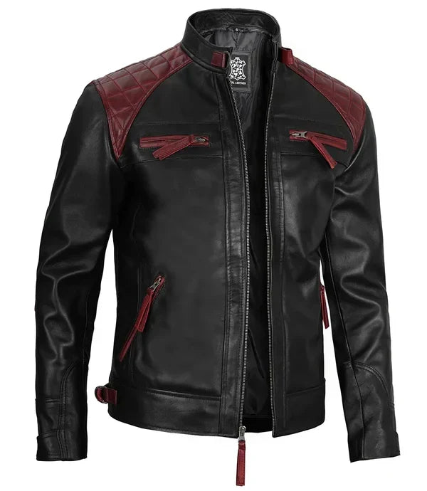 Rollins Men's Black and Burgundy Quilted Biker Style Jacket