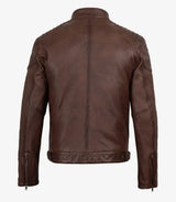 Men's Cognac Waxed Biker Style Jacket - Striped Sleeves