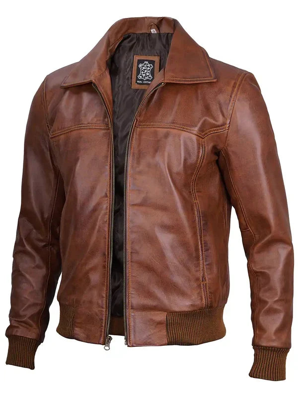 Steven Men's Distressed Brown Bomber Leather Jacket