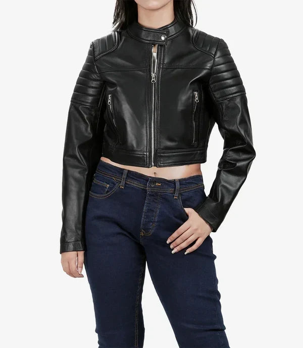 Women's Black Cropped Leather Biker Style Jacket