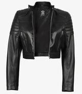 Women's Black Cropped Leather Biker Style Jacket