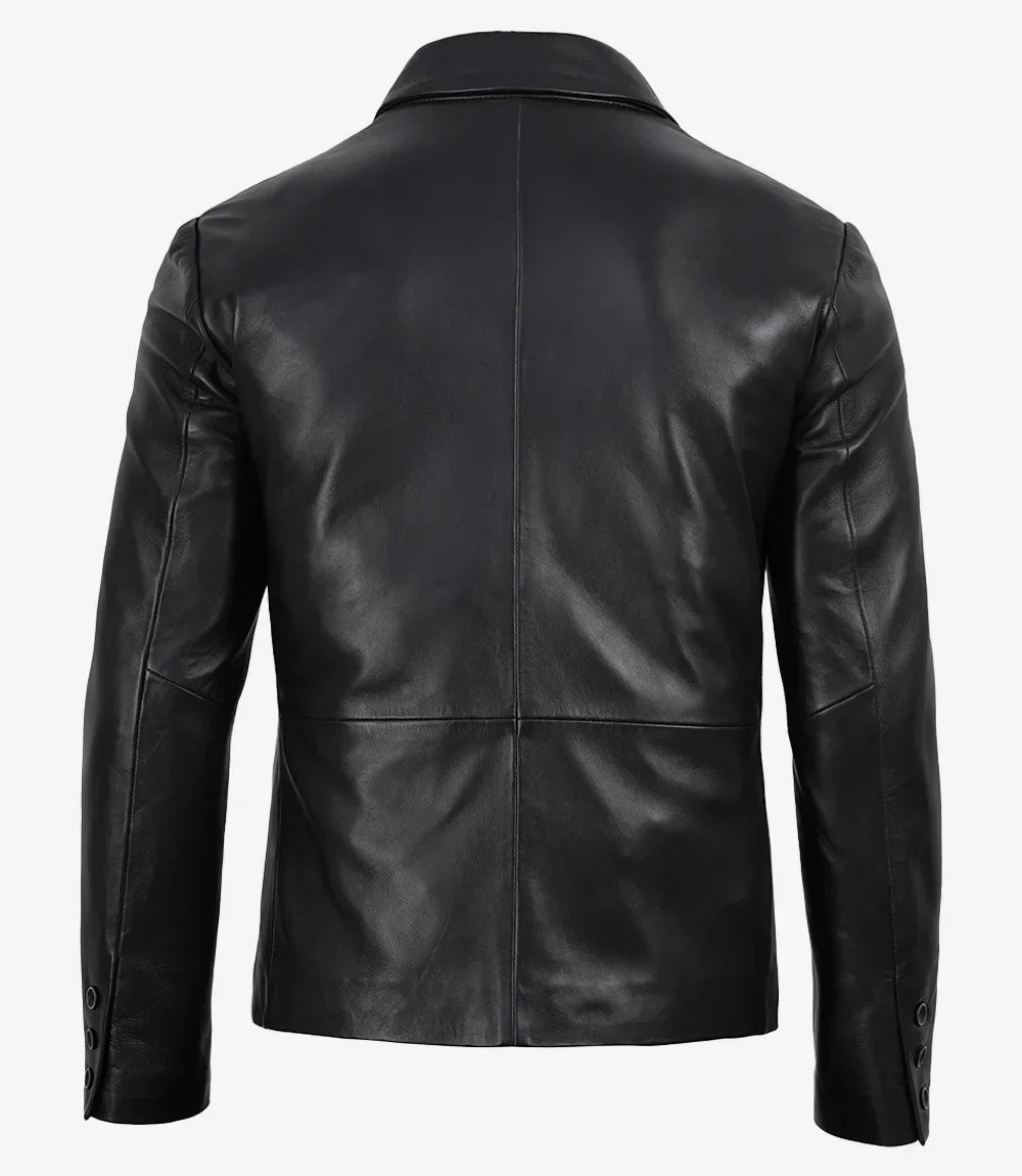 Men's Double Breasted Black Leather Blazer