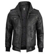 Men's Bomber Dark Grey Leather Jacket with Removable Hood