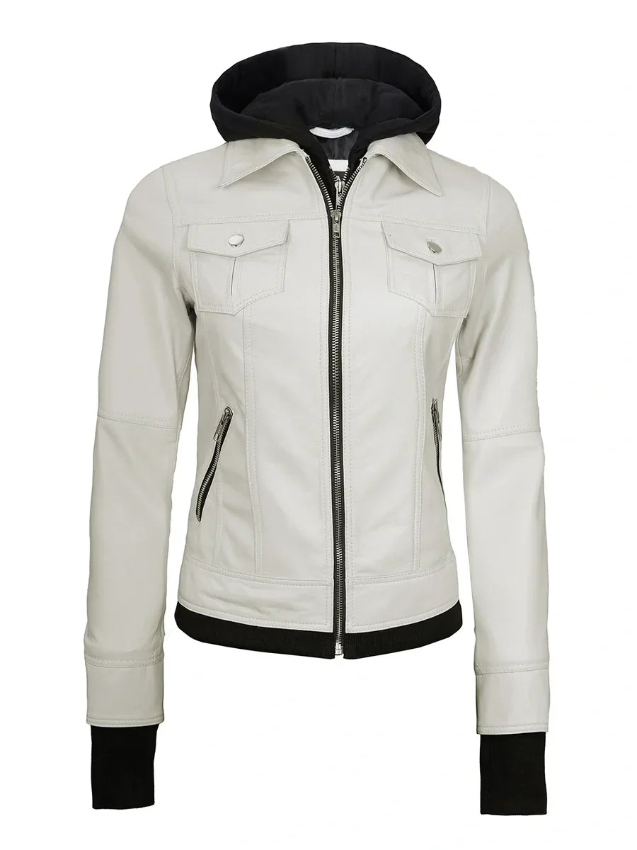 Womens Off White Biker Style Leather Jacket with Hood