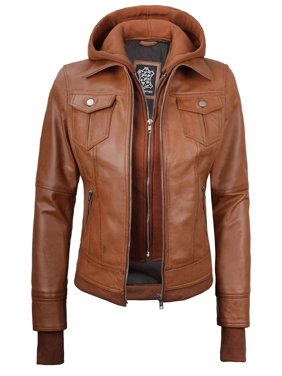 Tralee Womens Tan Wax Bomber Leather Jacket With Removable Hood