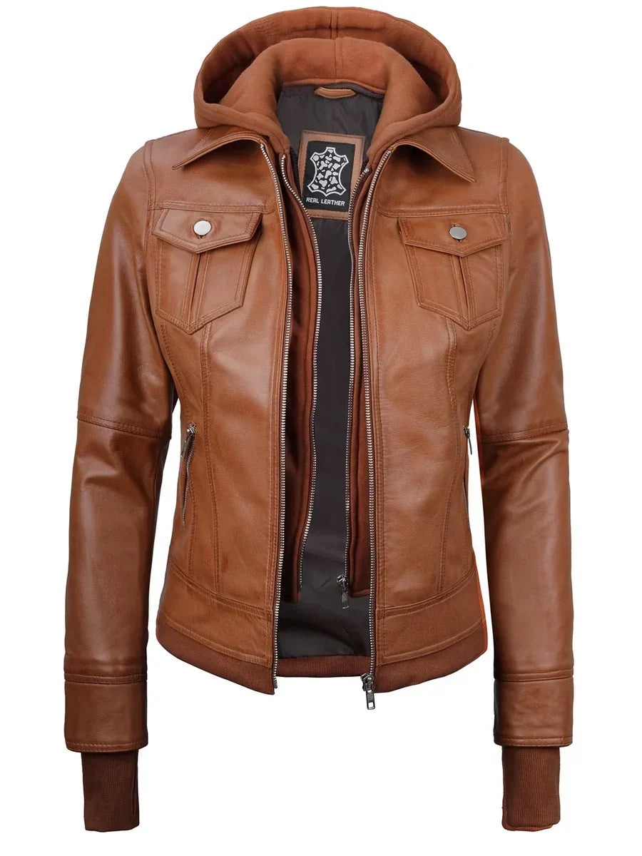 Tralee Womens Tan Wax Bomber Leather Jacket With Removable Hood