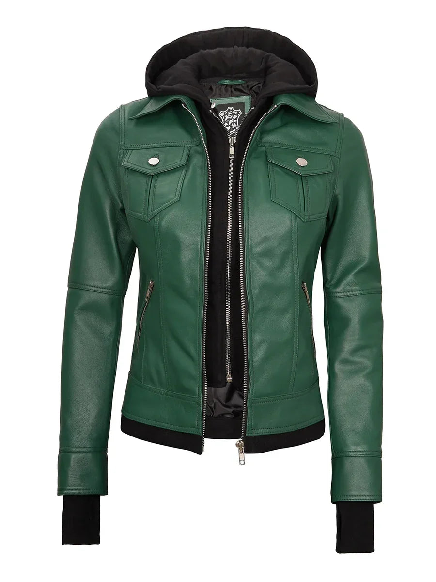 Tralee Women's Green Real Leather Jacket with Hood