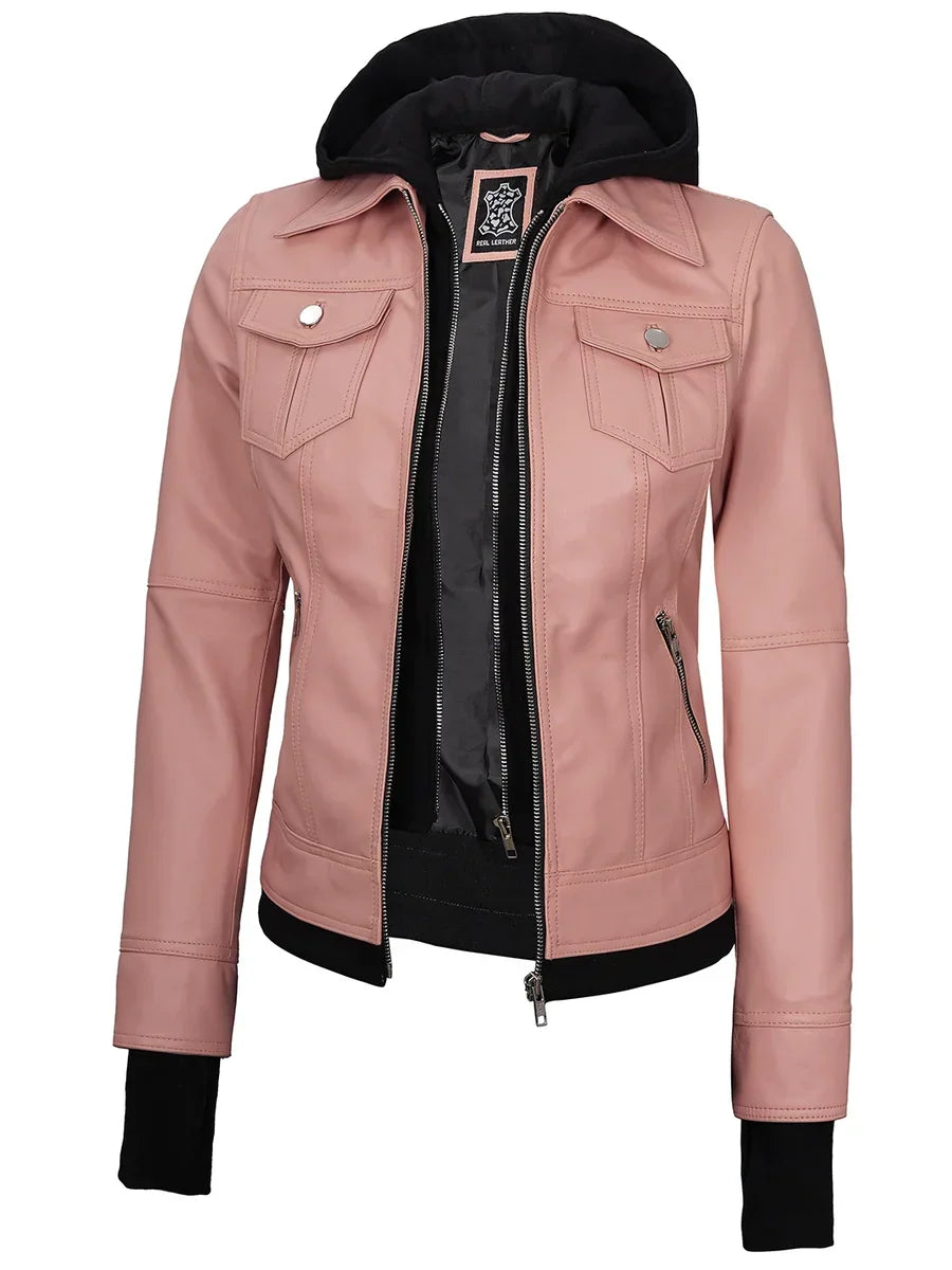 Tralee Women's Pink Leather Biker Style Jacket with Hood