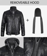Mens Black Bomber Leather Jacket with Removable Hood