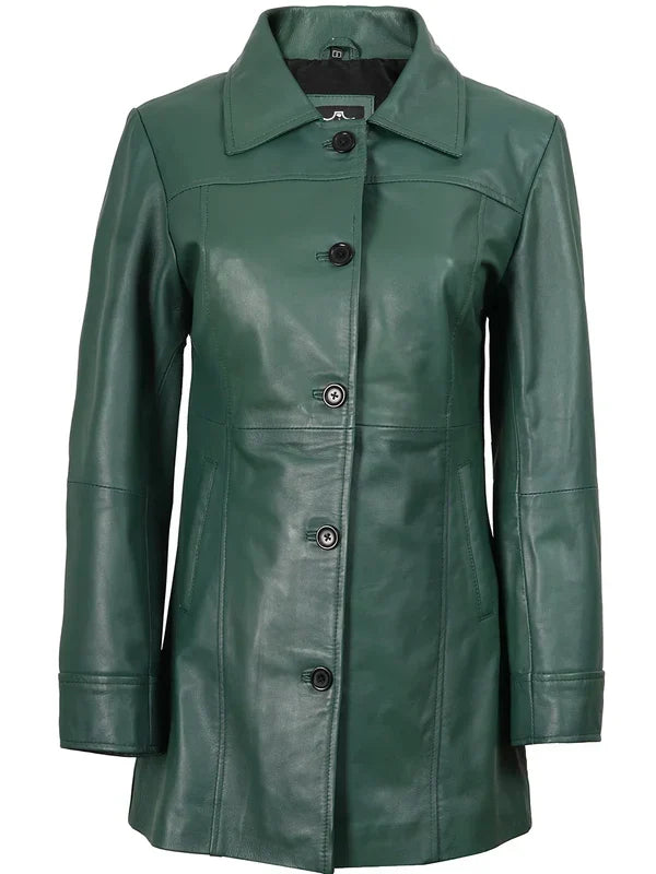 Kandis Women's Green Real Leather Car Coat