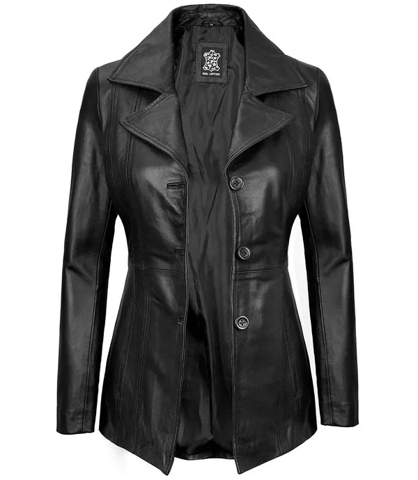 Womens Black Leather Blazer with Three Button