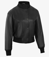 Julee Womens Black Snap Button Cropped Leather Bomber Jacket