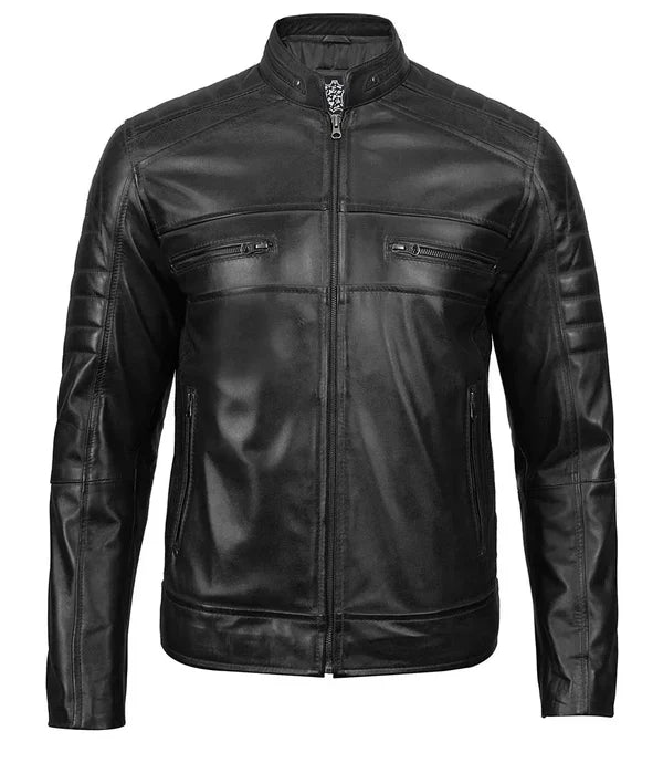 Austin Mens Black Cafe Racer Real Leather Jacket