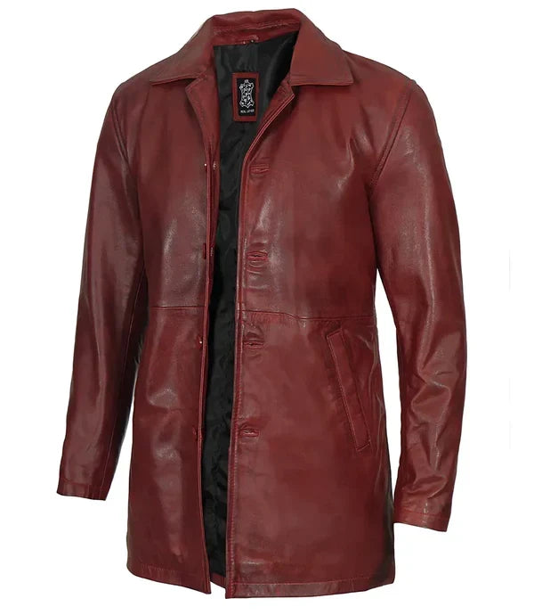 Mens Burgundy Real Lambskin Leather Car Coat