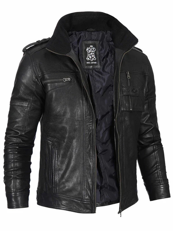 Mens Black Waxed Cafe Racer Leather Jacket