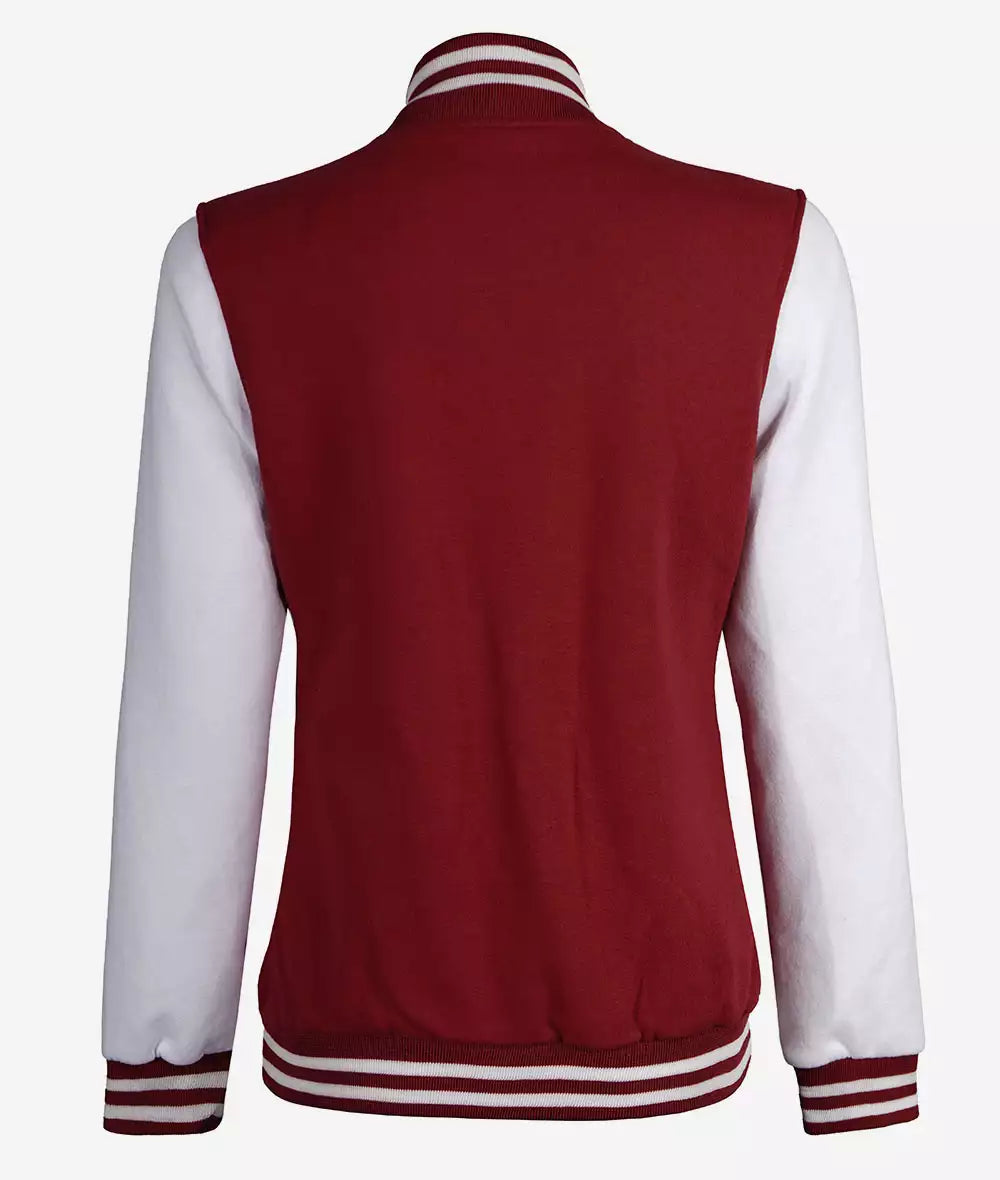 Womens Maroon Varsity Jacket with White Sleeves - Baseball Style Jacket