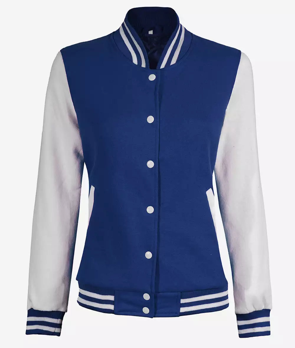 Women’s White and Royal Blue Varsity Jacket – Baseball Style Bomber